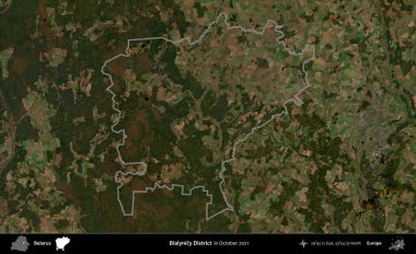 Bialynicy Bölgesi. Belarus 'un idari alanı, Global Mozaik Sentinel-2' nin Ekim 2021 'de çekilmiş bir uydu görüntüsüyle özetlenmiştir.
