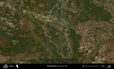 Brahin Bölgesi. Belarus 'un idari alanı, Global Mozaik Sentinel-2' nin Ekim 2021 'de çekilmiş bir uydu görüntüsüyle özetlenmiştir.