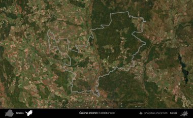 Cacersk Bölgesi. Belarus 'un idari alanı, Global Mozaik Sentinel-2' nin Ekim 2021 'de çekilmiş bir uydu görüntüsüyle özetlenmiştir.
