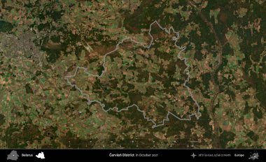 Cervien Bölgesi. Belarus 'un idari alanı, Global Mozaik Sentinel-2' nin Ekim 2021 'de çekilmiş bir uydu görüntüsüyle özetlenmiştir.