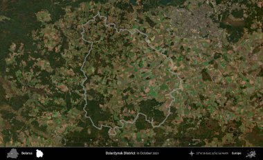 Dziarzynsk Bölgesi. Belarus 'un idari alanı, Global Mozaik Sentinel-2' nin Ekim 2021 'de çekilmiş bir uydu görüntüsüyle özetlenmiştir.