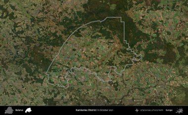 Kamieniec Bölgesi. Belarus 'un idari alanı, Global Mozaik Sentinel-2' nin Ekim 2021 'de çekilmiş bir uydu görüntüsüyle özetlenmiştir.