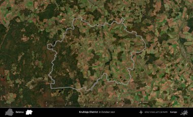 Kruhlaje Bölgesi. Belarus 'un idari alanı, Global Mozaik Sentinel-2' nin Ekim 2021 'de çekilmiş bir uydu görüntüsüyle özetlenmiştir.