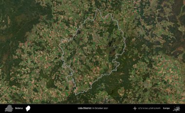 Lida Bölgesi. Belarus 'un idari alanı, Global Mozaik Sentinel-2' nin Ekim 2021 'de çekilmiş bir uydu görüntüsüyle özetlenmiştir.