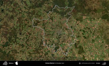 Orsha Bölgesi. Belarus 'un idari alanı, Global Mozaik Sentinel-2' nin Ekim 2021 'de çekilmiş bir uydu görüntüsüyle özetlenmiştir.