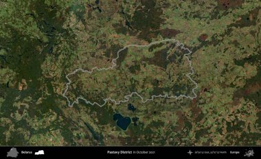 Pastavy Bölgesi. Belarus 'un idari alanı, Global Mozaik Sentinel-2' nin Ekim 2021 'de çekilmiş bir uydu görüntüsüyle özetlenmiştir.