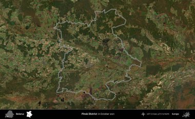 Pinsk Bölgesi. Belarus 'un idari alanı, Global Mozaik Sentinel-2' nin Ekim 2021 'de çekilmiş bir uydu görüntüsüyle özetlenmiştir.