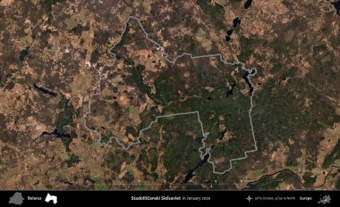 Stadoliscanski Sielkurtarviet. Belarus 'un idari alanı, Global Mozaik Sentinel-2' nin Ocak 2020 'de çekilmiş bir uydu görüntüsüyle özetlenmiştir.