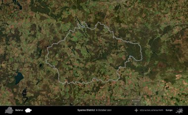 Syanno Bölgesi. Belarus 'un idari alanı, Global Mozaik Sentinel-2' nin Ekim 2021 'de çekilmiş bir uydu görüntüsüyle özetlenmiştir.