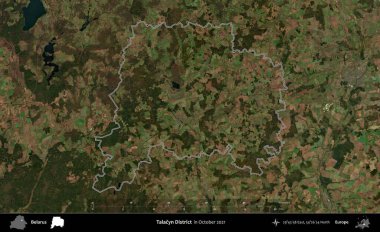 Talacyn Bölgesi. Belarus 'un idari alanı, Global Mozaik Sentinel-2' nin Ekim 2021 'de çekilmiş bir uydu görüntüsüyle özetlenmiştir.