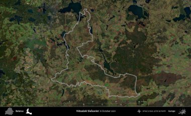 Vidzauski Sielsaviet. Belarus 'un idari alanı, Global Mozaik Sentinel-2' nin Ekim 2021 'de çekilmiş bir uydu görüntüsüyle özetlenmiştir.