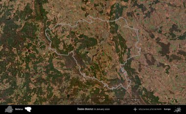 Zlobin Bölgesi. Belarus 'un idari alanı, Global Mozaik Sentinel-2' nin Ocak 2020 'de çekilmiş bir uydu görüntüsüyle özetlenmiştir.