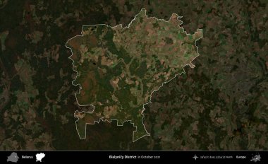 Bialynicy Bölgesi. Belarus 'un idari alanı, Ekim 2021' de çekilen Global Mozaik Sentinel-2 karolarından oluşan koyu renkli bir uydu görüntüsü üzerine vurgulandı ve özetlendi.