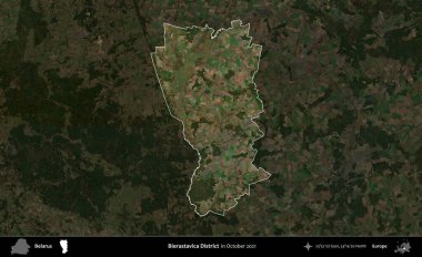 Bierastavica Bölgesi. Belarus 'un idari alanı, Ekim 2021' de çekilen Global Mozaik Sentinel-2 karolarından oluşan koyu renkli bir uydu görüntüsü üzerine vurgulandı ve özetlendi.