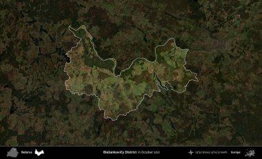 Biesankovicy Bölgesi. Belarus 'un idari alanı, Ekim 2021' de çekilen Global Mozaik Sentinel-2 karolarından oluşan koyu renkli bir uydu görüntüsü üzerine vurgulandı ve özetlendi.