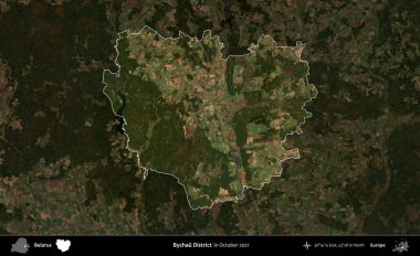 Bychau Bölgesi. Belarus 'un idari alanı, Ekim 2021' de çekilen Global Mozaik Sentinel-2 karolarından oluşan koyu renkli bir uydu görüntüsü üzerine vurgulandı ve özetlendi.