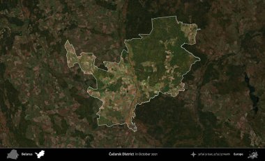 Cacersk Bölgesi. Belarus 'un idari alanı, Ekim 2021' de çekilen Global Mozaik Sentinel-2 karolarından oluşan koyu renkli bir uydu görüntüsü üzerine vurgulandı ve özetlendi.