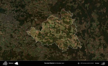Cervien Bölgesi. Belarus 'un idari alanı, Ekim 2021' de çekilen Global Mozaik Sentinel-2 karolarından oluşan koyu renkli bir uydu görüntüsü üzerine vurgulandı ve özetlendi.