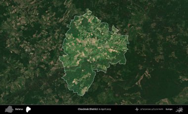 Chocimsk Bölgesi. Nisan 2023 'te çekilen Global Mozaik Sentinel-2 karolarından oluşan koyu renkli bir uydu görüntüsü ile Belarus' un idari alanı vurgulandı ve özetlendi