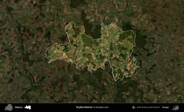 Drybin Bölgesi. Belarus 'un idari alanı, Ekim 2021' de çekilen Global Mozaik Sentinel-2 karolarından oluşan koyu renkli bir uydu görüntüsü üzerine vurgulandı ve özetlendi.