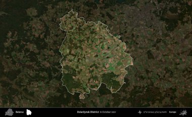 Dziarzynsk Bölgesi. Belarus 'un idari alanı, Ekim 2021' de çekilen Global Mozaik Sentinel-2 karolarından oluşan koyu renkli bir uydu görüntüsü üzerine vurgulandı ve özetlendi.