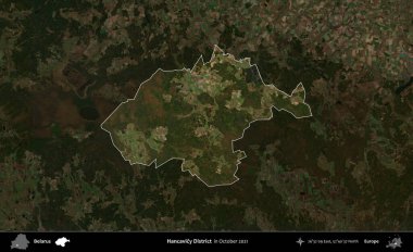 Hancavicy Bölgesi. Belarus 'un idari alanı, Ekim 2021' de çekilen Global Mozaik Sentinel-2 karolarından oluşan koyu renkli bir uydu görüntüsü üzerine vurgulandı ve özetlendi.