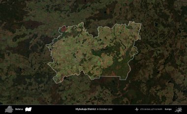 Hlybokaje Bölgesi. Belarus 'un idari alanı, Ekim 2021' de çekilen Global Mozaik Sentinel-2 karolarından oluşan koyu renkli bir uydu görüntüsü üzerine vurgulandı ve özetlendi.