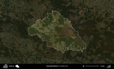 Ivacevicy Bölgesi. Belarus 'un idari alanı, Ekim 2021' de çekilen Global Mozaik Sentinel-2 karolarından oluşan koyu renkli bir uydu görüntüsü üzerine vurgulandı ve özetlendi.