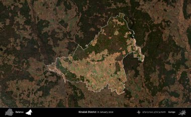 Kirausk Bölgesi. Belarus 'un idari alanı, Ocak 2020' de çekilen Global Mozaik Sentinel-2 karolarından oluşan koyu renkli bir uydu görüntüsü üzerine vurgulandı ve özetlendi.