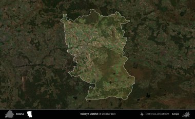 Kobryn Bölgesi. Belarus 'un idari alanı, Ekim 2021' de çekilen Global Mozaik Sentinel-2 karolarından oluşan koyu renkli bir uydu görüntüsü üzerine vurgulandı ve özetlendi.