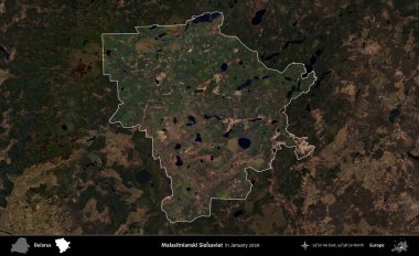 Malasitnianski Sielsaviet. Belarus 'un idari alanı, Ocak 2020' de çekilen Global Mozaik Sentinel-2 karolarından oluşan koyu renkli bir uydu görüntüsü üzerine vurgulandı ve özetlendi.