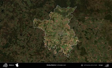 Orsha Bölgesi. Belarus 'un idari alanı, Ekim 2021' de çekilen Global Mozaik Sentinel-2 karolarından oluşan koyu renkli bir uydu görüntüsü üzerine vurgulandı ve özetlendi.