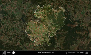 Slonim Bölgesi. Belarus 'un idari alanı, Ekim 2021' de çekilen Global Mozaik Sentinel-2 karolarından oluşan koyu renkli bir uydu görüntüsü üzerine vurgulandı ve özetlendi.