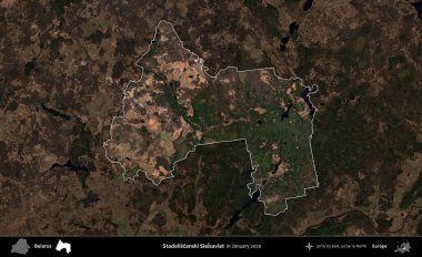 Stadoliscanski Sielkurtarviet. Belarus 'un idari alanı, Ocak 2020' de çekilen Global Mozaik Sentinel-2 karolarından oluşan koyu renkli bir uydu görüntüsü üzerine vurgulandı ve özetlendi.