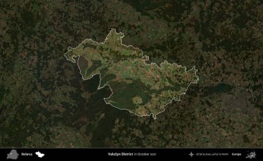 Valozyn Bölgesi. Belarus 'un idari alanı, Ekim 2021' de çekilen Global Mozaik Sentinel-2 karolarından oluşan koyu renkli bir uydu görüntüsü üzerine vurgulandı ve özetlendi.