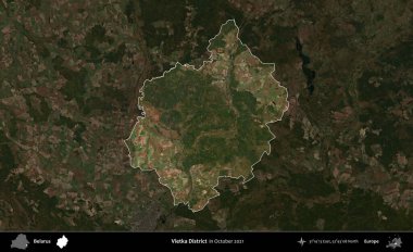 Vietka Bölgesi. Belarus 'un idari alanı, Ekim 2021' de çekilen Global Mozaik Sentinel-2 karolarından oluşan koyu renkli bir uydu görüntüsü üzerine vurgulandı ve özetlendi.