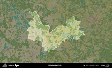 Biesankovicy Bölgesi. Belarus 'un idari alanı koyu renkli bir Topografik İnsani Biçim haritasına vurgulandı ve özetlendi