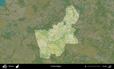 Grodno Bölgesi. Belarus 'un idari alanı koyu renkli bir Topografik İnsani Biçim haritasına vurgulandı ve özetlendi