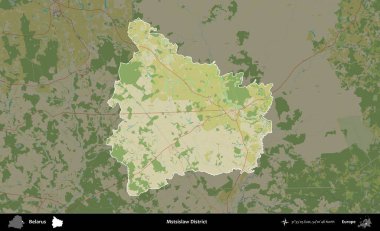 Mstsislaw Bölgesi. Belarus 'un idari alanı koyu renkli bir Topografik İnsani Biçim haritasına vurgulandı ve özetlendi
