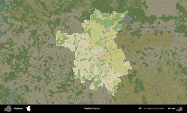 Orsha Bölgesi. Belarus 'un idari alanı koyu renkli bir Topografik İnsani Biçim haritasına vurgulandı ve özetlendi