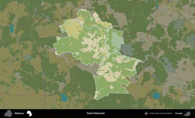 Sacki Sielsaviet. Belarus 'un idari alanı koyu renkli bir Topografik İnsani Biçim haritasına vurgulandı ve özetlendi