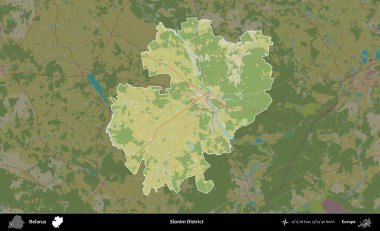 Slonim Bölgesi. Belarus 'un idari alanı koyu renkli bir Topografik İnsani Biçim haritasına vurgulandı ve özetlendi