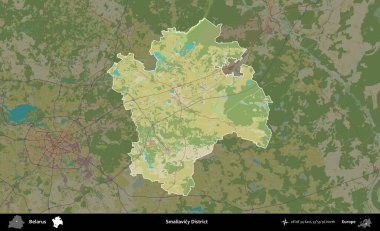 Smaliavice Bölgesi. Belarus 'un idari alanı koyu renkli bir Topografik İnsani Biçim haritasına vurgulandı ve özetlendi