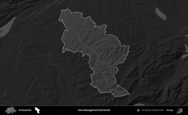 Verwaltungskreis Emmental. İsviçre 'nin idari alanı kararmış bir gri tonlama yükseklik haritasına vurgulanmış ve özetlenmiştir