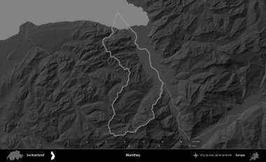 Monthey. İsviçre 'nin idari bölgesi gri ölçekli yükseklik haritasında belirtilmiştir