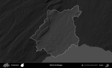 Morges bölgesi. İsviçre 'nin idari alanı kararmış bir gri tonlama yükseklik haritasına vurgulanmış ve özetlenmiştir