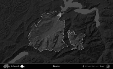 Obwalden. İsviçre 'nin idari alanı kararmış bir gri tonlama yükseklik haritasına vurgulanmış ve özetlenmiştir