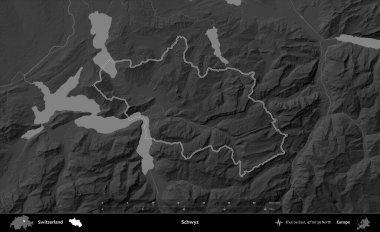 Schwyz. İsviçre 'nin idari bölgesi gri ölçekli yükseklik haritasında belirtilmiştir