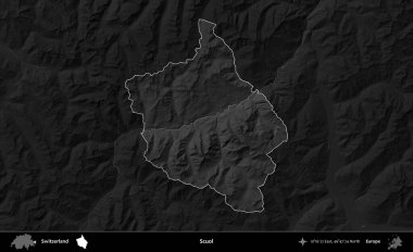 Scuol. İsviçre 'nin idari alanı kararmış bir gri tonlama yükseklik haritasına vurgulanmış ve özetlenmiştir