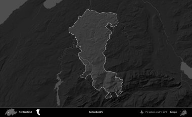 Sensebezirk. İsviçre 'nin idari alanı kararmış bir gri tonlama yükseklik haritasına vurgulanmış ve özetlenmiştir